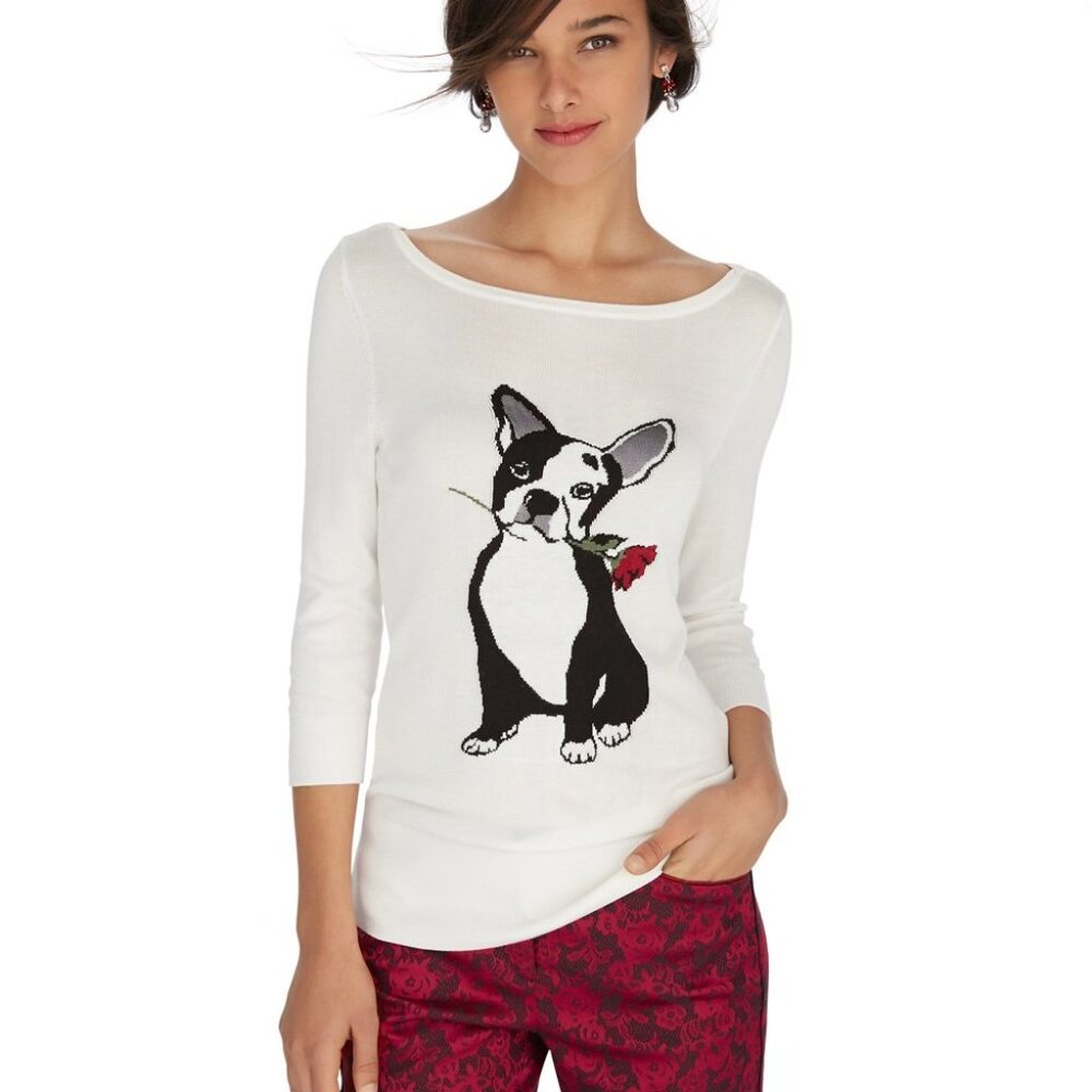White House Black Market 3/4 Sleeve Frenchie Dog Sweater Size M